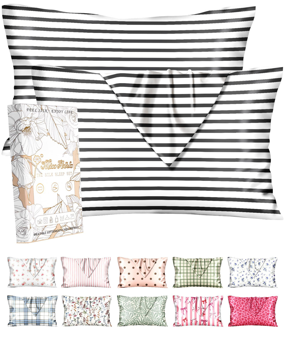 Miss Adola 2pcs Silk Pillowcase with Hidden Zipper, Pink Stripes