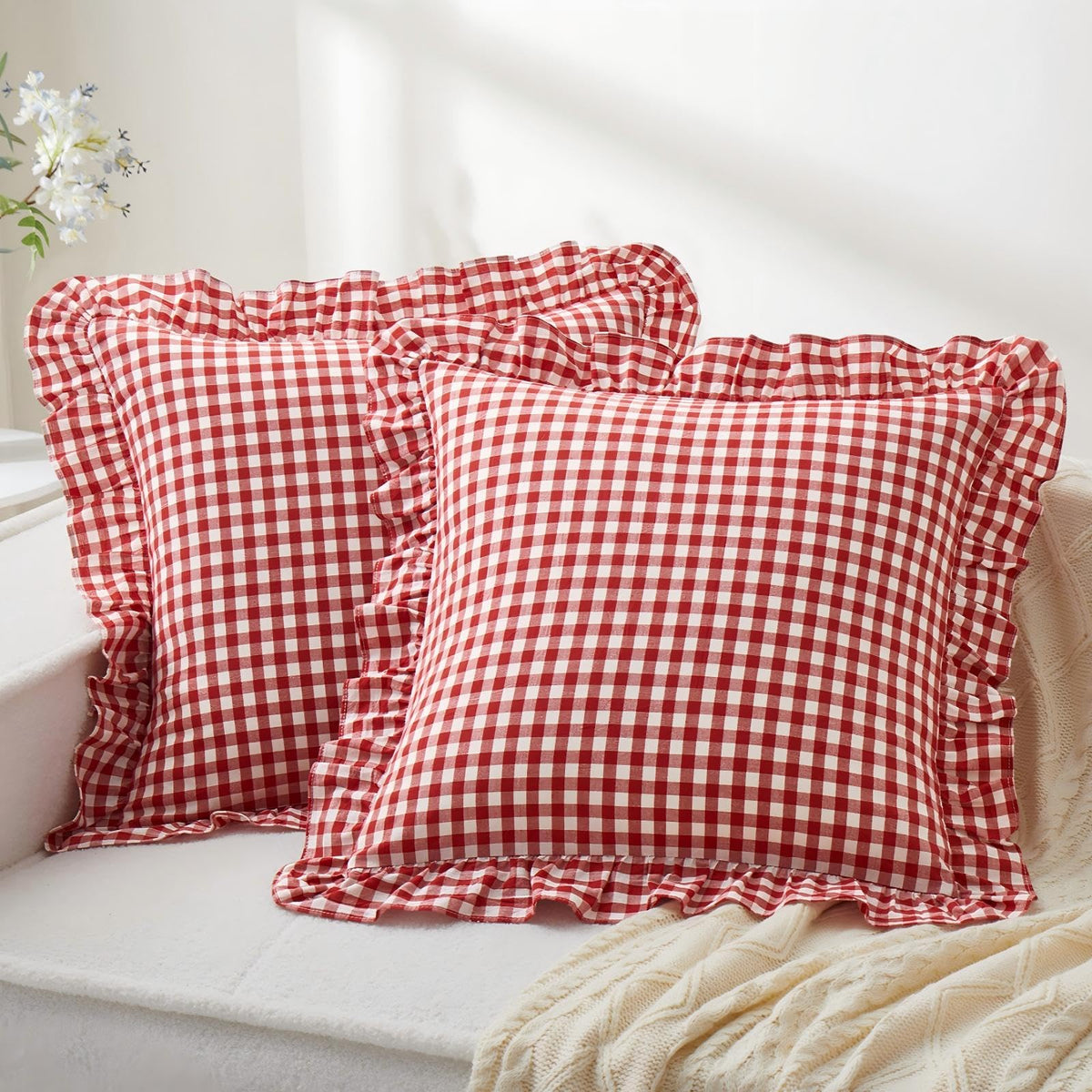 KKJIAF 2 Pcs Plaid Ruffle Pillow Case Standard Size, Sage Green Plaid