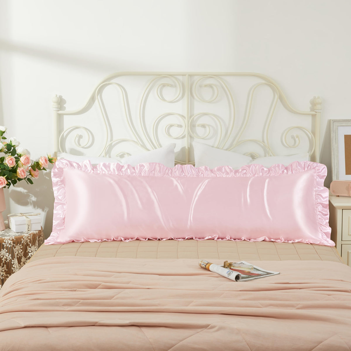 Blush Pink Satin Ruffled Pillow Cases for Hair and Skin,Blush Pink Silk Pillowcases Standard Set of 2 with Envelope Closure Princess Room Decoration