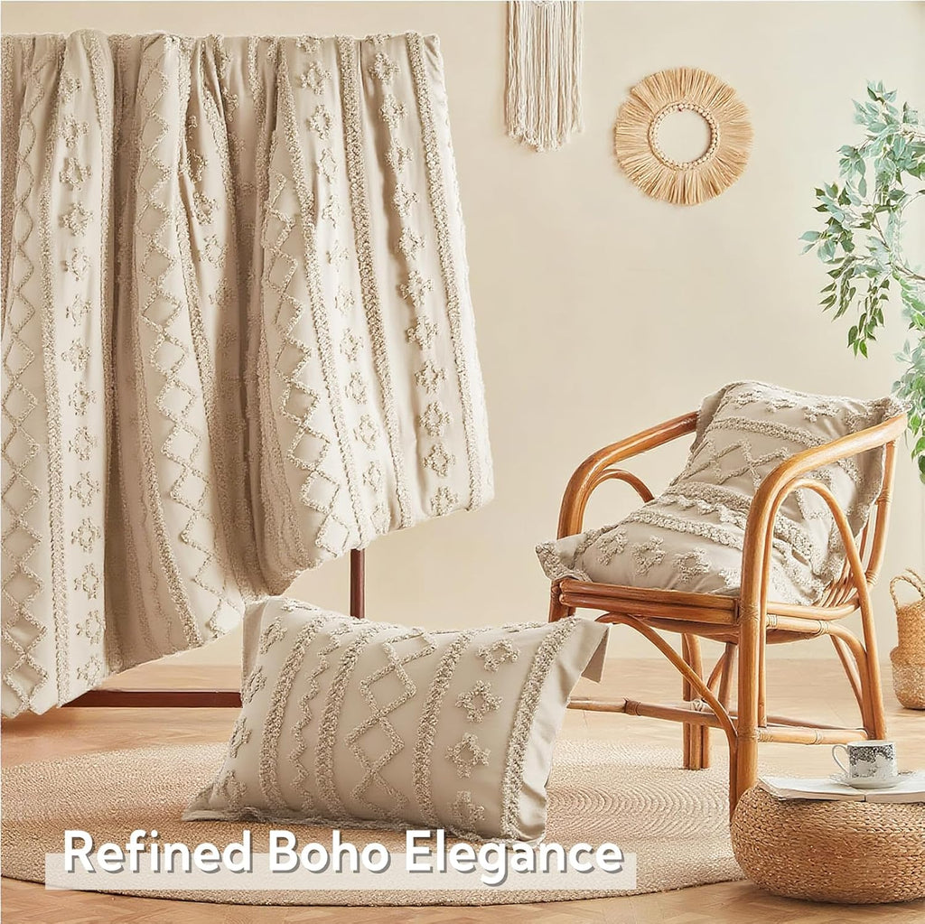 MR&HM Queen Comforter Set 7 Pieces, Fluffy Tufted Boho Beddding Set Beige