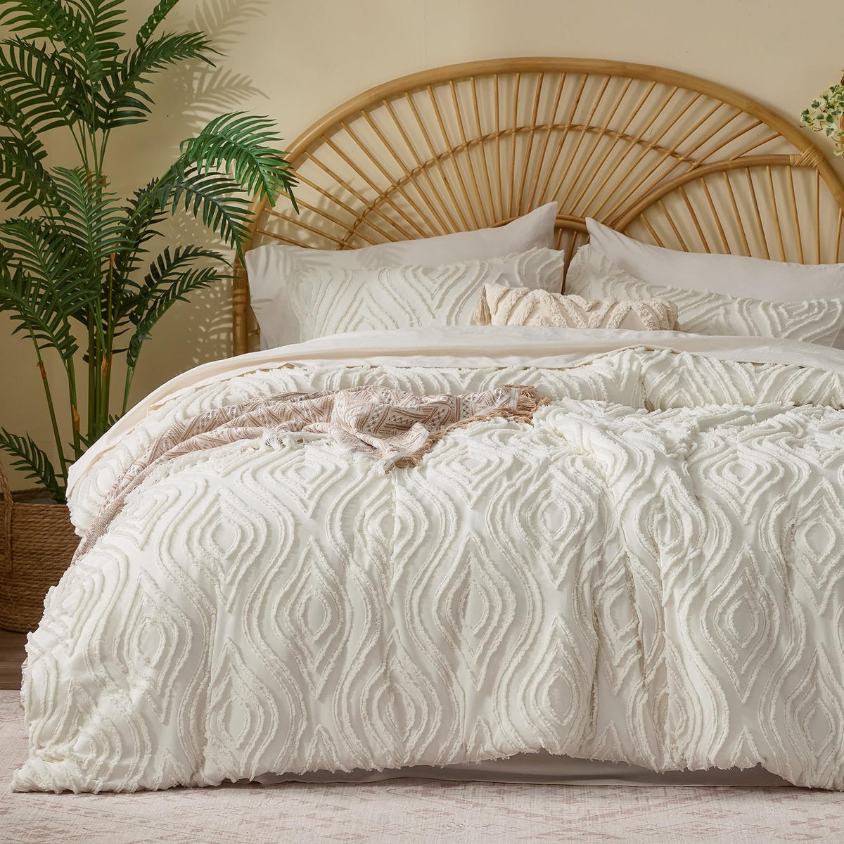 BEDELITE Queen Comforter Set 7 Pieces,Boho Bed in a Bag,Cream White