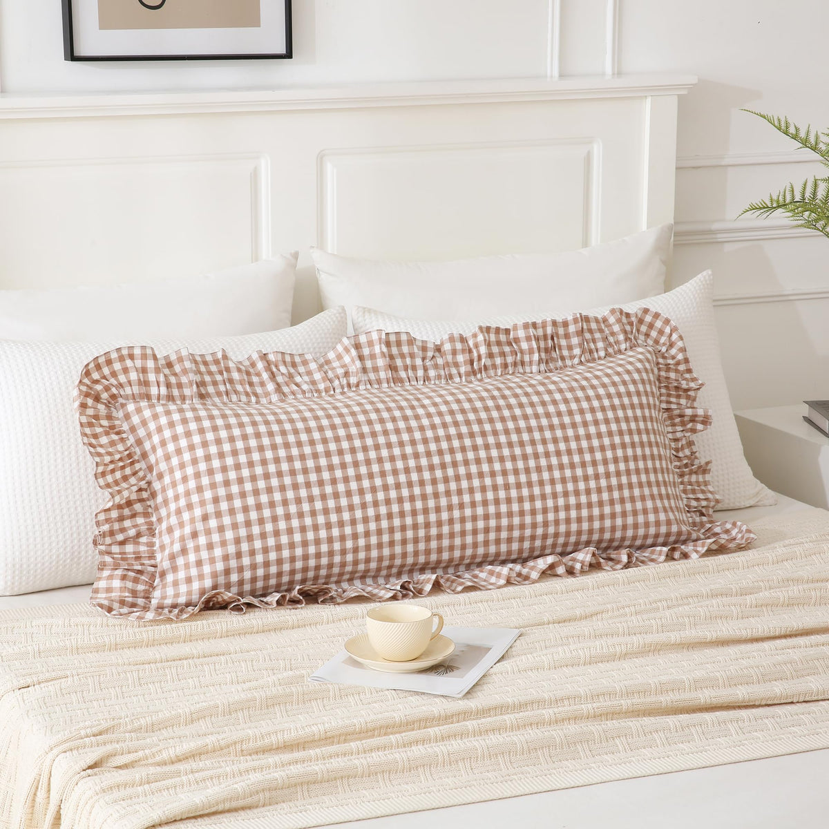 Taupe/White Plaid Ruffled Body Pillow Cover Washed Cotton 20"x54"