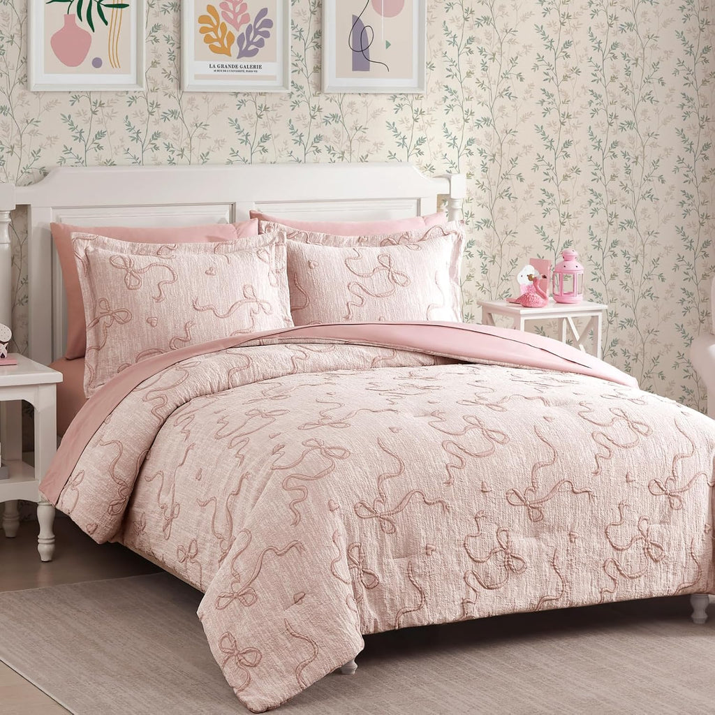 Queen Comforter Set - 7 Pieces Pink Bedding Set Bow Jacquard Bed in a Bag