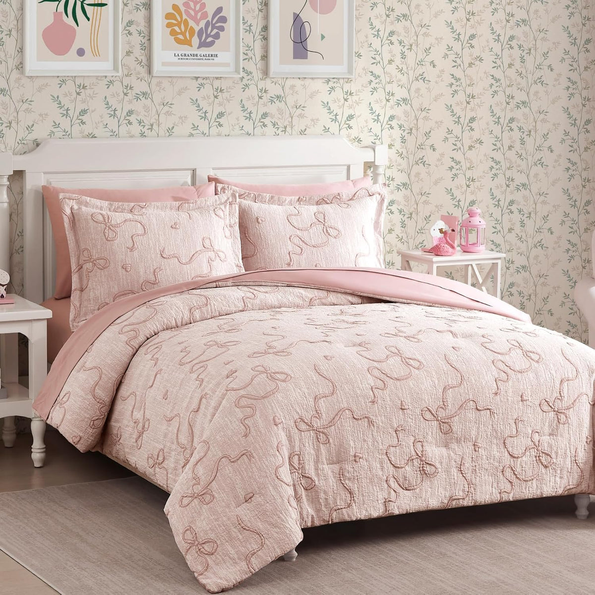 Queen Comforter Set - 7 Pieces Pink Bedding Set Bow Jacquard Bed in a Bag