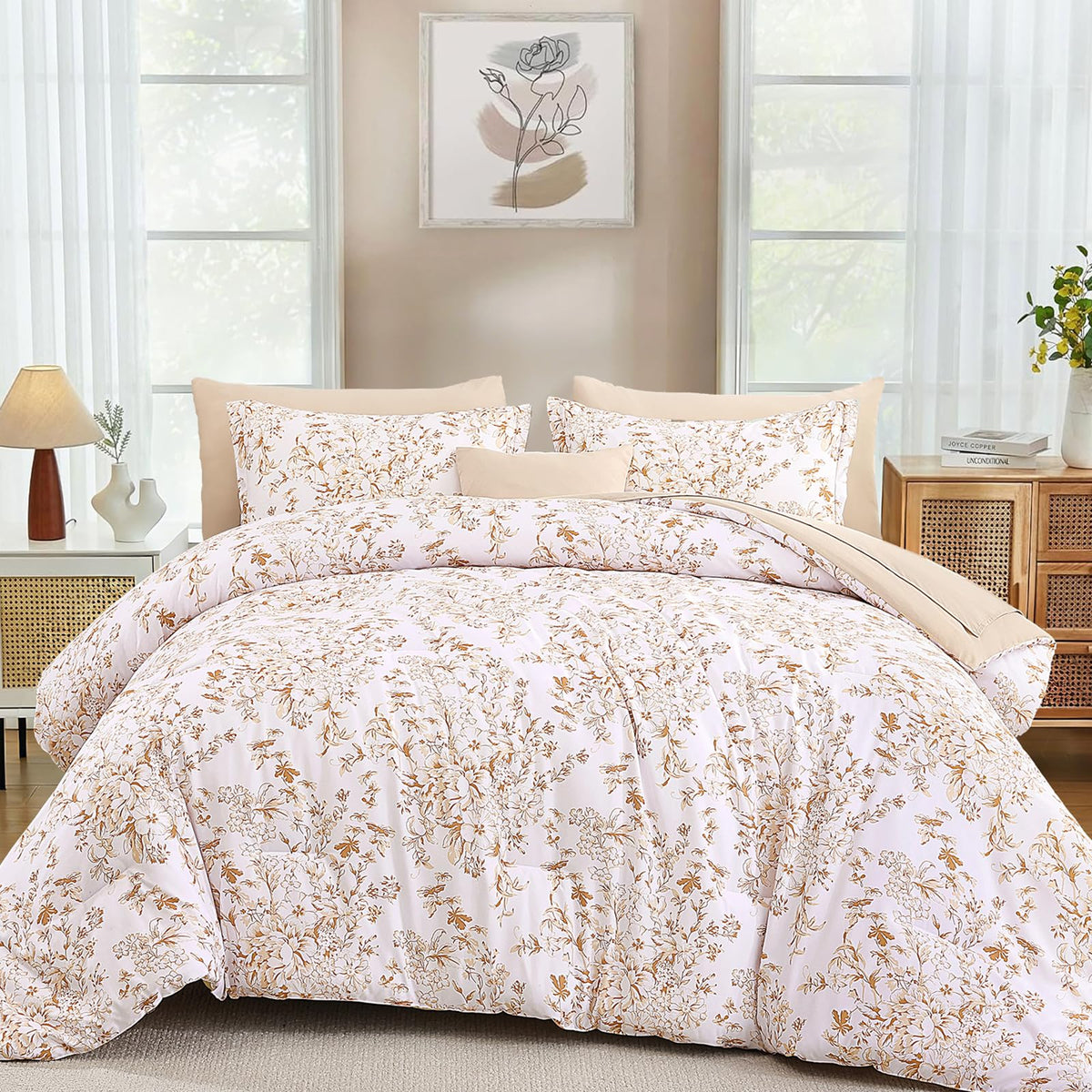 WONGS BEDDING 8 Pieces Queen Size Comforter Set Green, Sage Green Floral Bed in a Bag Comforter Sets, Soft Reversible Botanical Flowers Bedding Sets for All Season (90"x90")