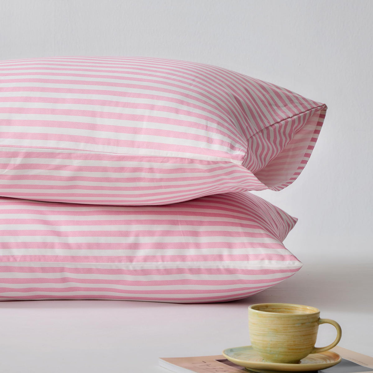 JELLYMONI Cotton Classic Striped Pillowcases Set of 2, Tan, Standard