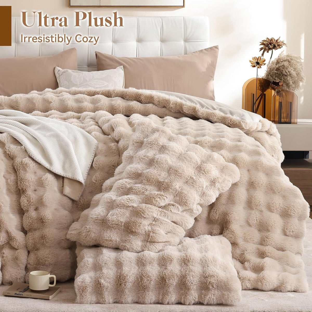 YIKUSH Queen Faux Fur Soft Comforter Set, Fluffy Linen Rabbit Fur Comforter