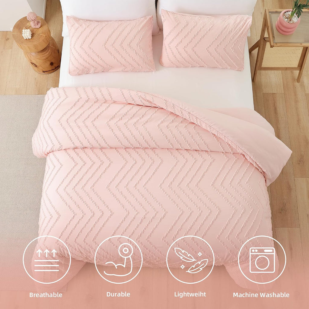 YIRDDEO Twin Size Comforter 2Pcs, Blush Pink Boho Chevron Bedding Sets