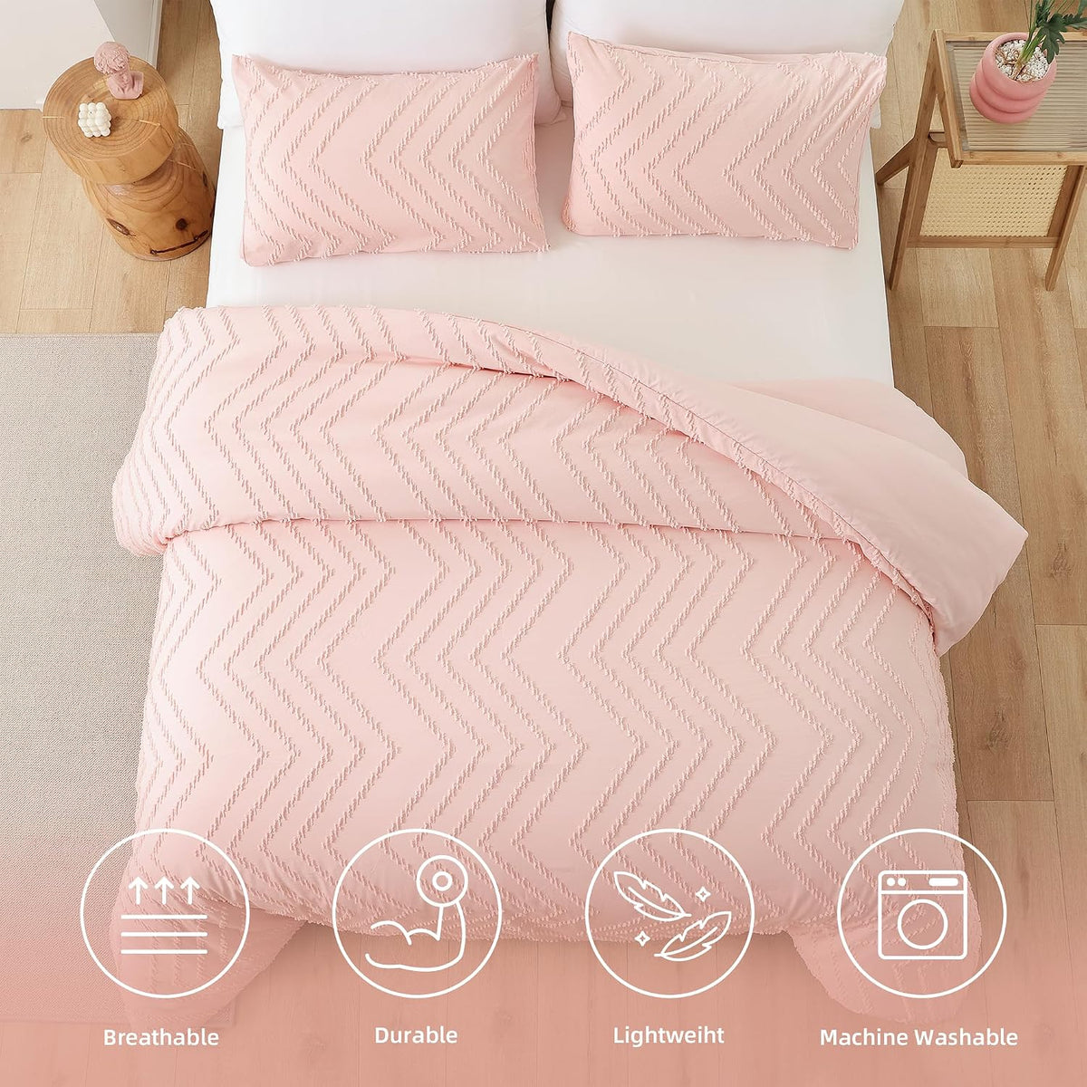 YIRDDEO Twin Size Comforter 2Pcs, Blush Pink Boho Chevron Bedding Sets