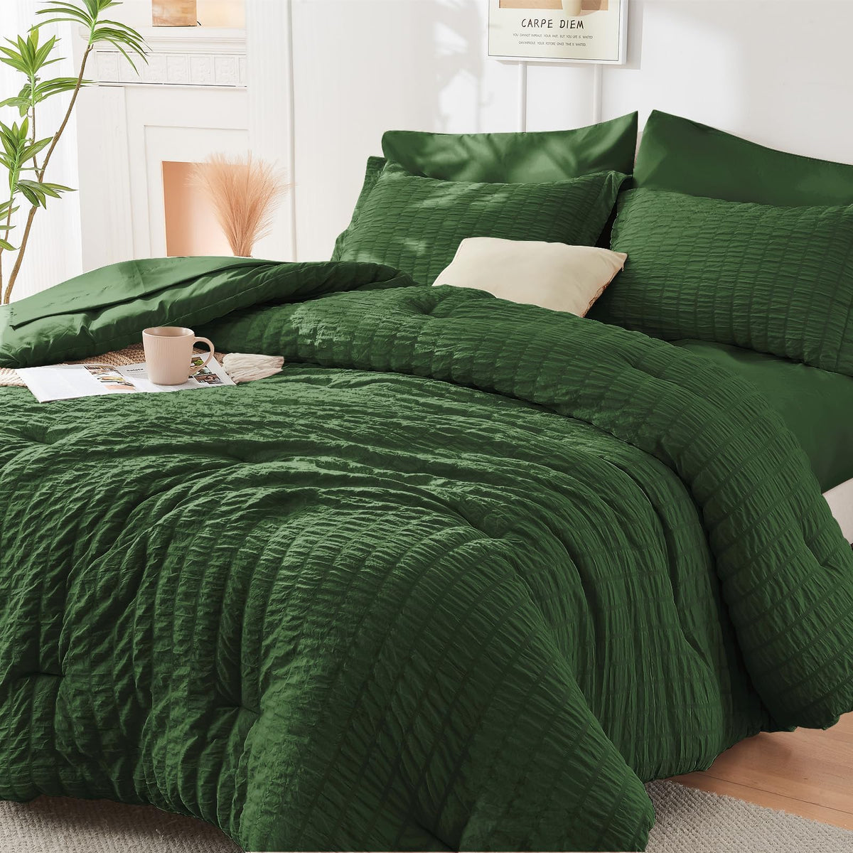 King Comforter Set - 7PCS Bed in a Bag, Seersucker Bedding Set, Dark Grey