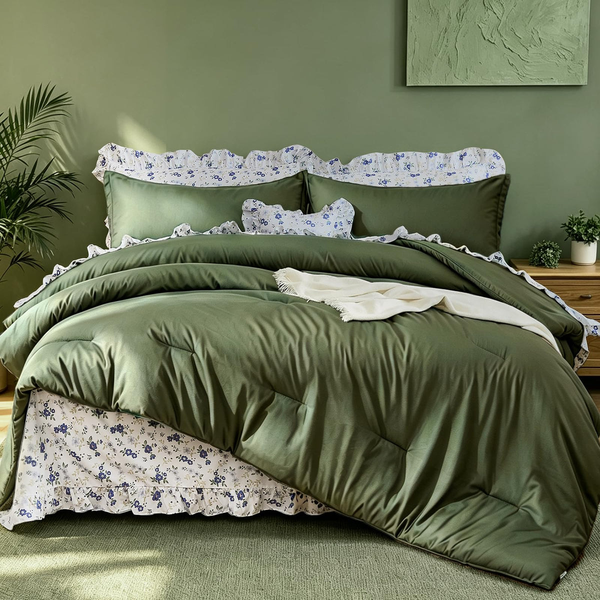 8PC Queen Comforter Set Green, Ruffle Comforter with Floral Sheets