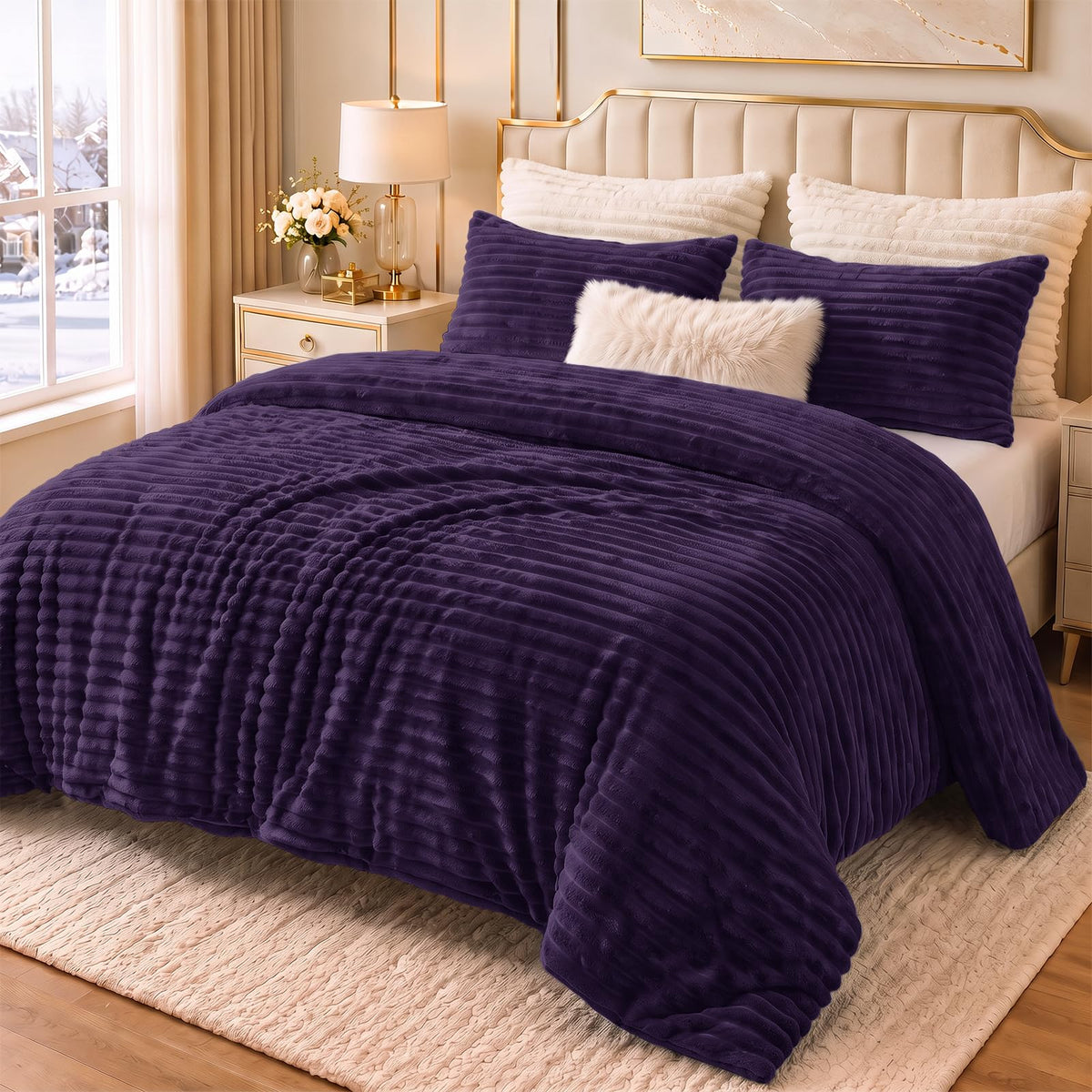 CozyLux Fleece Queen Comforter Set, 3 Piece Winter Warm Black Bedding