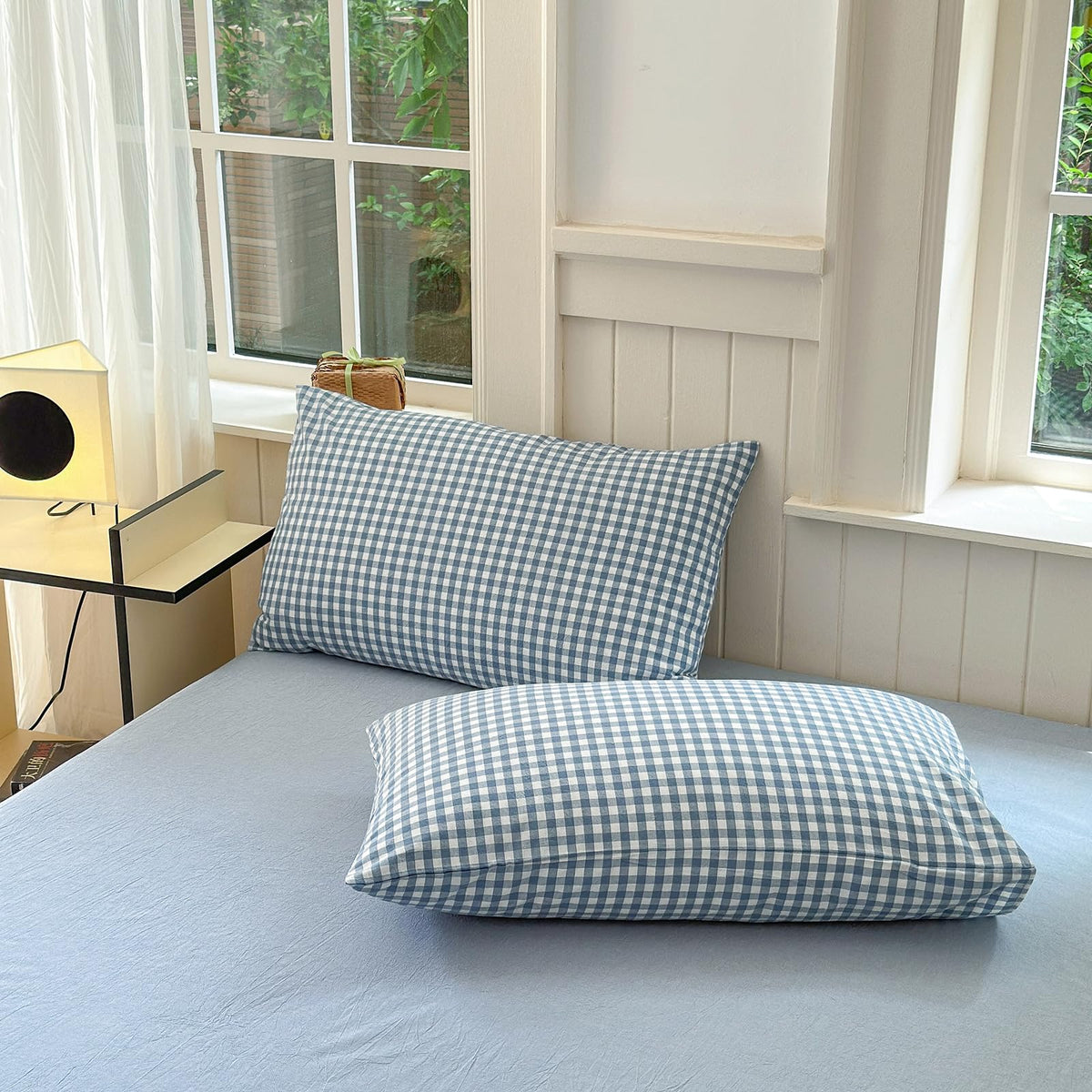 Tan Gingham Pillowcases Set Farmhouse Standard Size Pillow Shams Buffalo Taupe Plaid Pillowcases Set of 2, Grid Checkered Gingham Washed Cotton Pillow Covers with Envelope Closure, 20"×26"