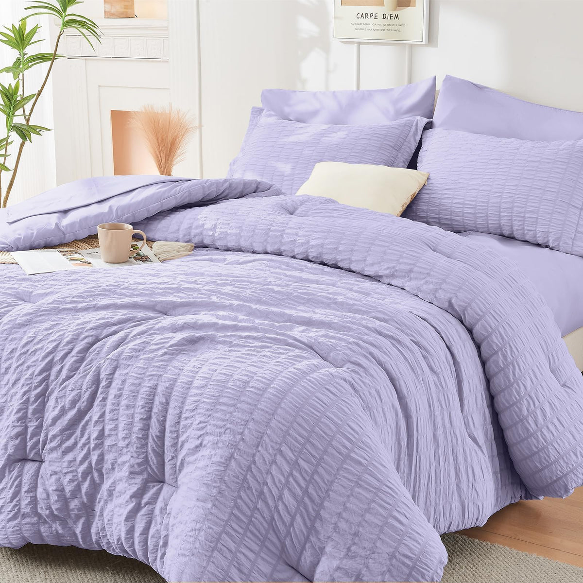 King Comforter Set - 7PCS Bed in a Bag, Seersucker Bedding Set, Dark Grey