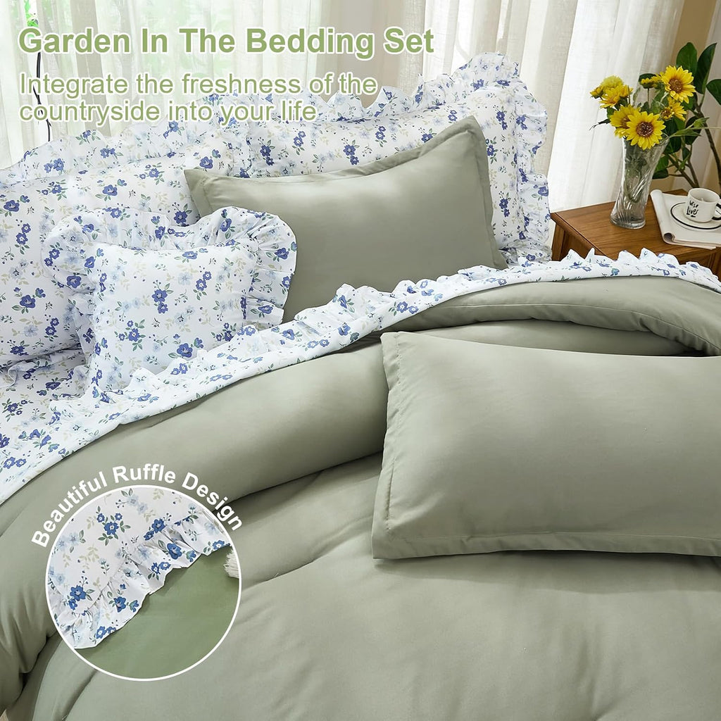 8PC Queen Comforter Set Green, Ruffle Comforter with Floral Sheets