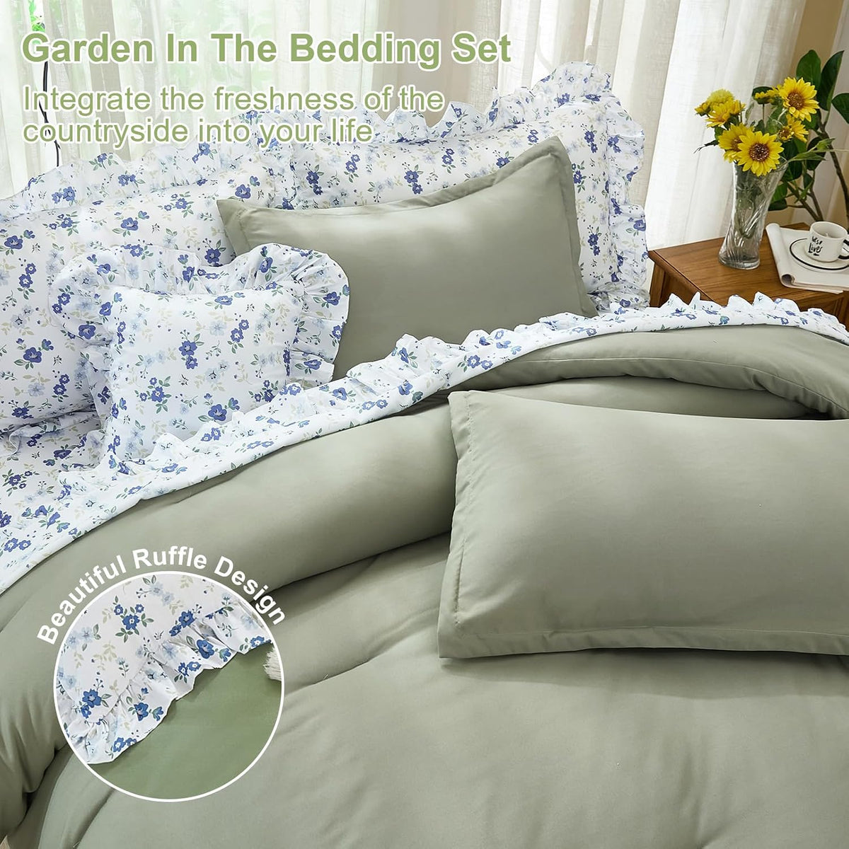 8PC Queen Comforter Set Green, Ruffle Comforter with Floral Sheets
