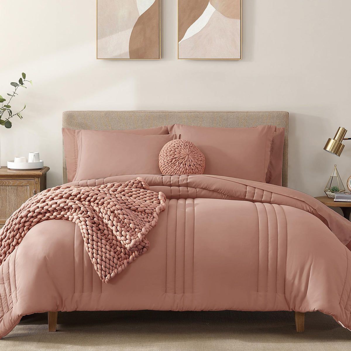 King Size Comforter Set-7 Pieces Brown Soft Bed in a Bag King Bedding Sets