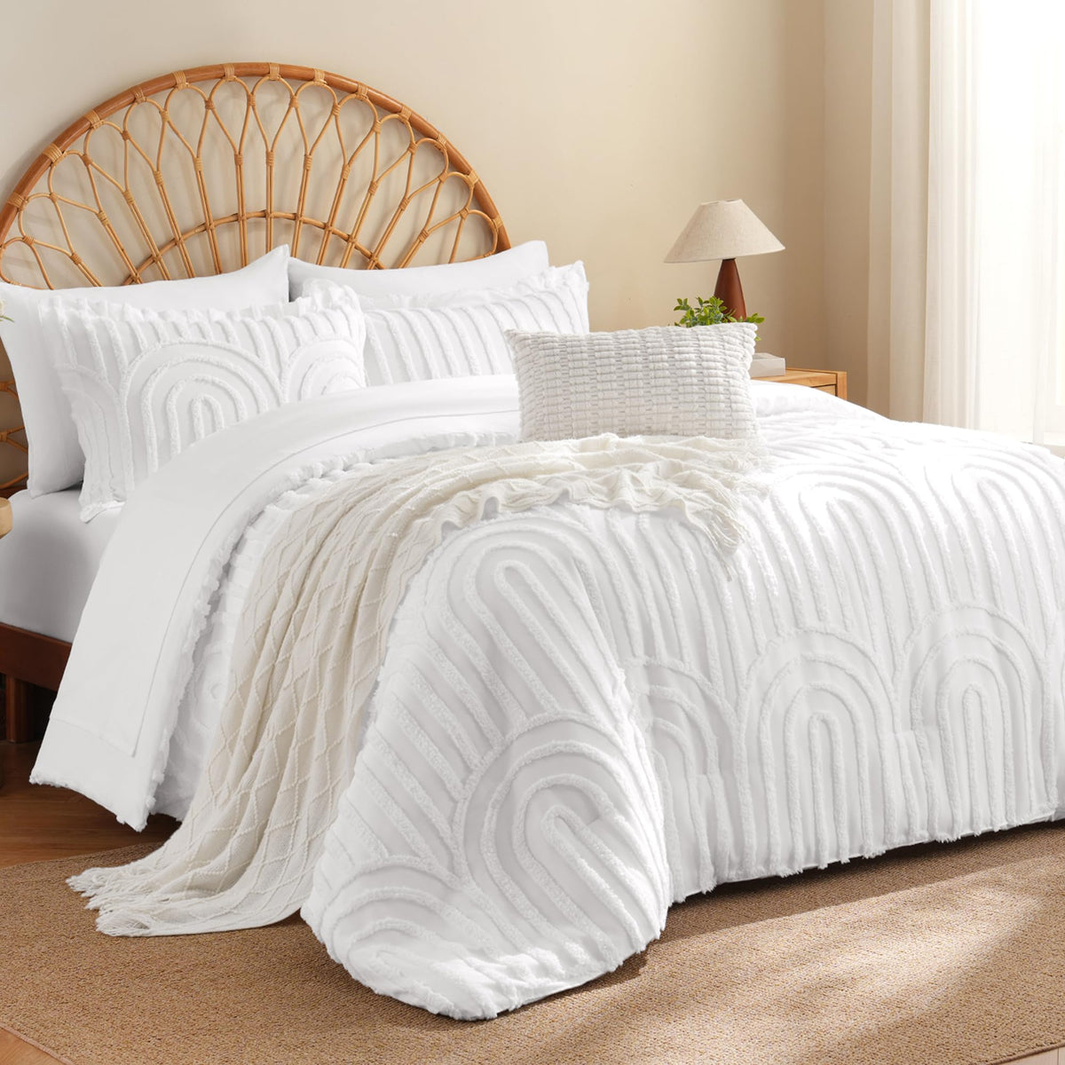 MR&HM Queen Comforter Set 7 Pieces, Fluffy Tufted Boho Beddding Set Beige