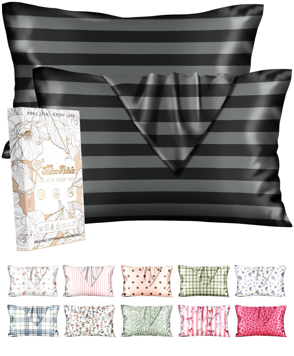 Miss Adola 2pcs Silk Pillowcase with Hidden Zipper, Pink Stripes