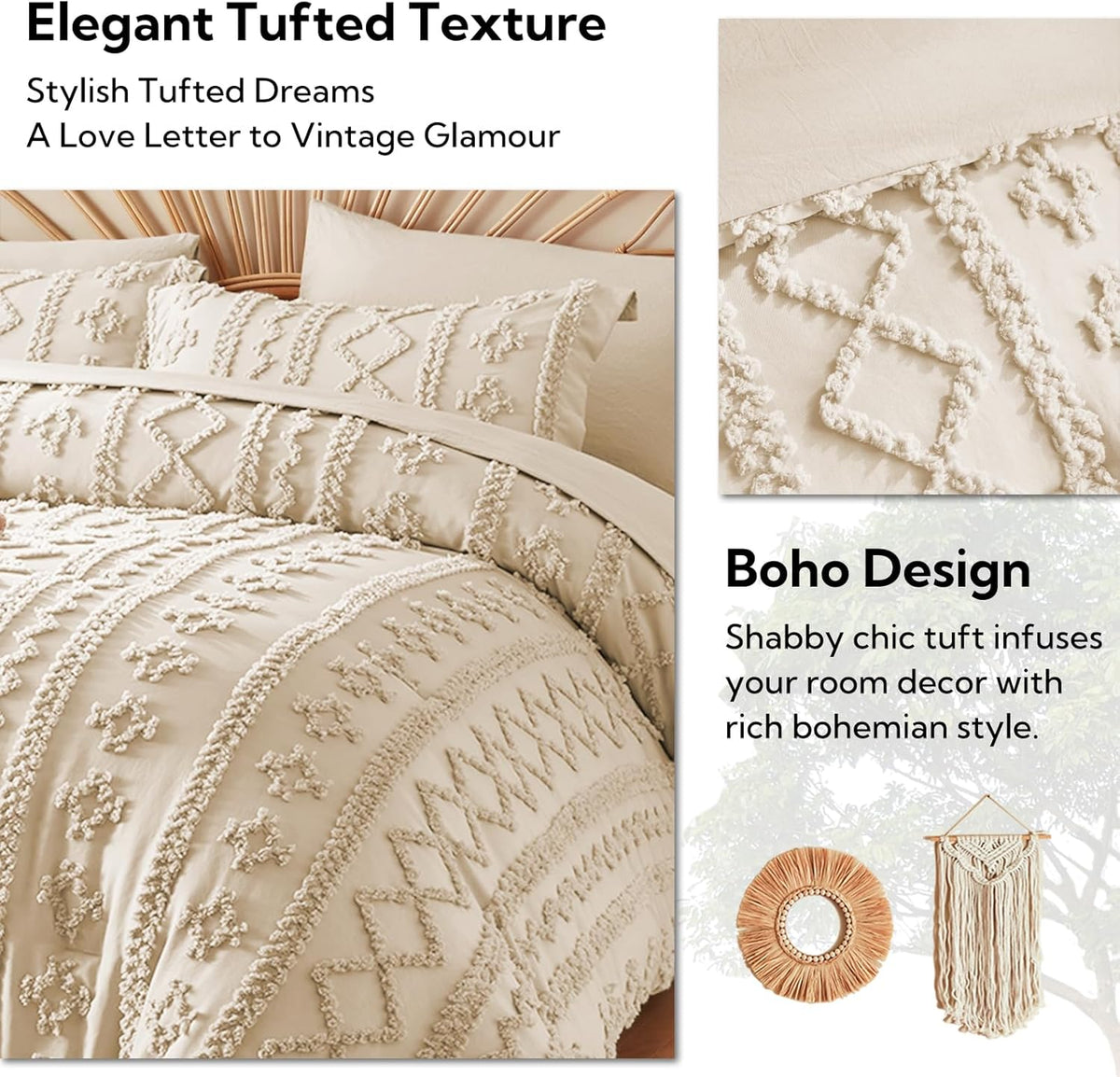 MR&HM Queen Comforter Set 7 Pieces, Fluffy Tufted Boho Beddding Set Beige