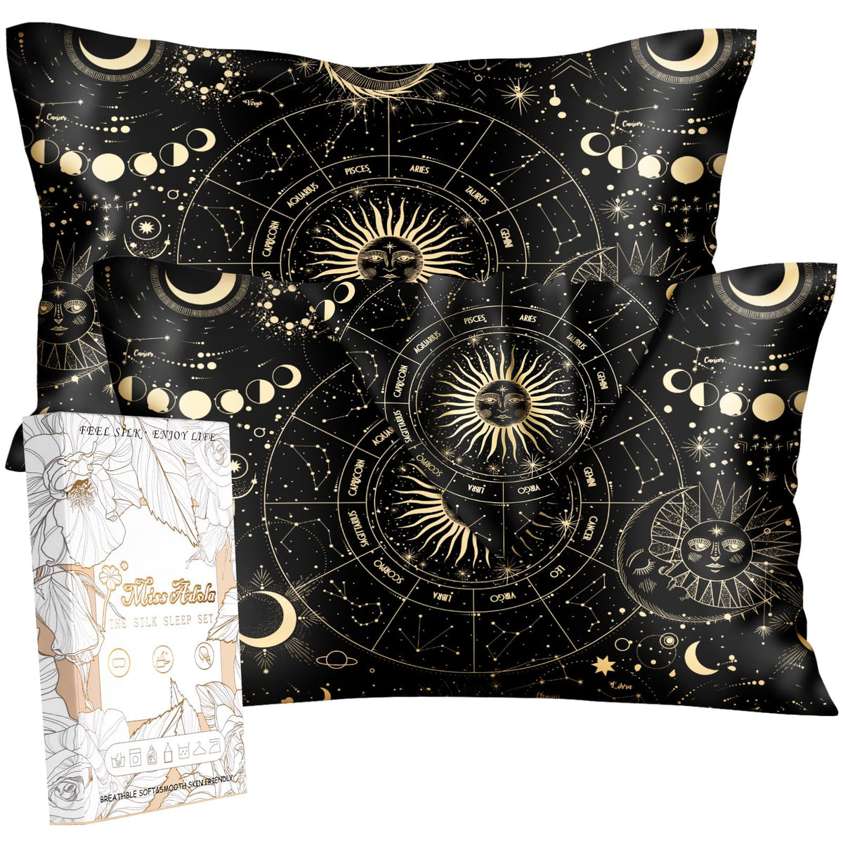 Miss Adola 2pcs Silk Pillowcase with Hidden Zipper, BLK Grow Flower