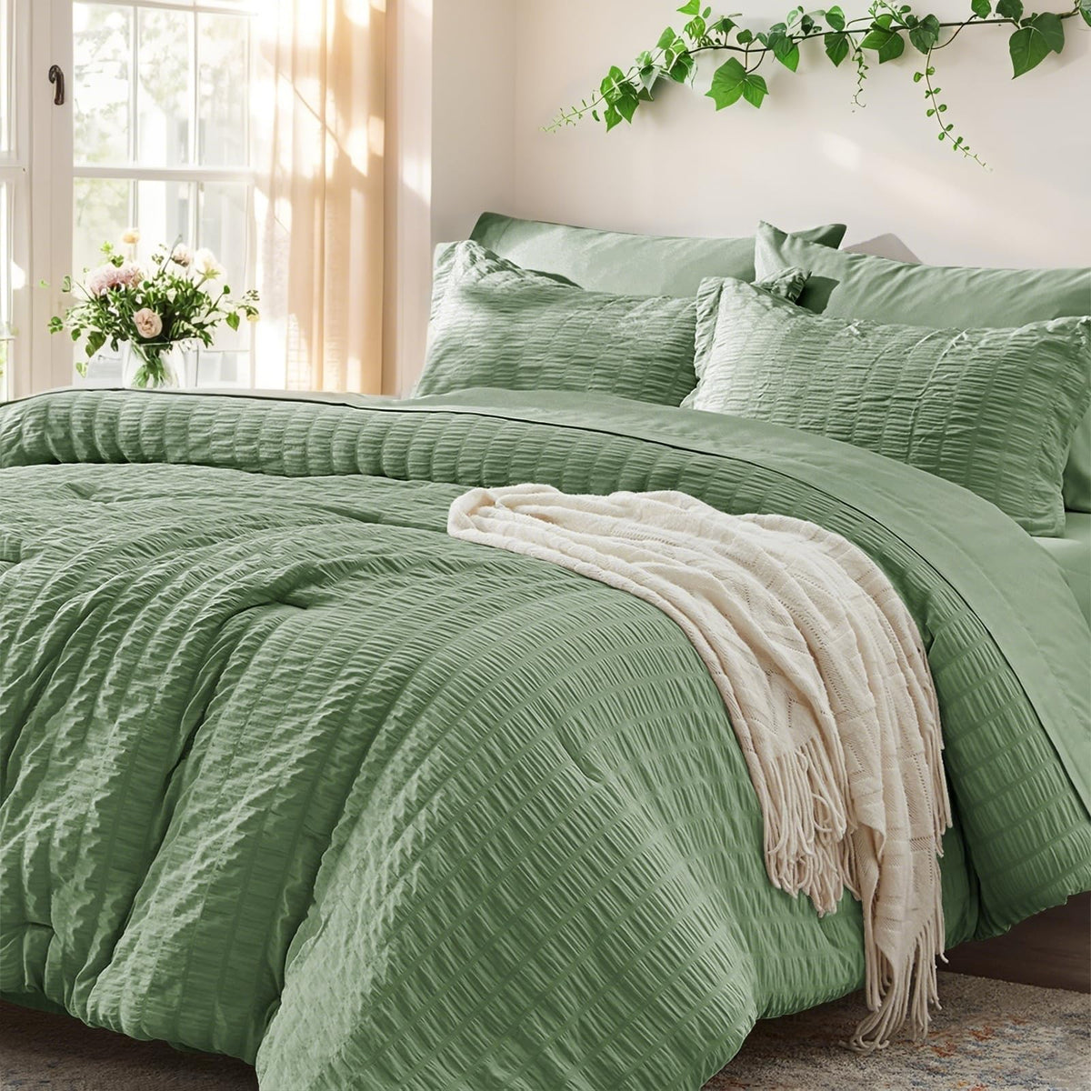 Zzlpp Queen Comforter Set 7 Piece, Green Bed in a Bag Queen Bedding Sets