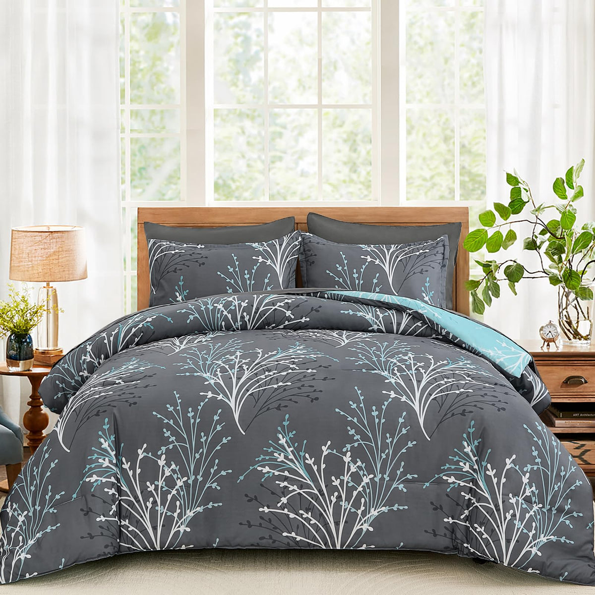DJY Sage Green Comforter Set 7 Piece Branch Botanical Bed in a Bag
