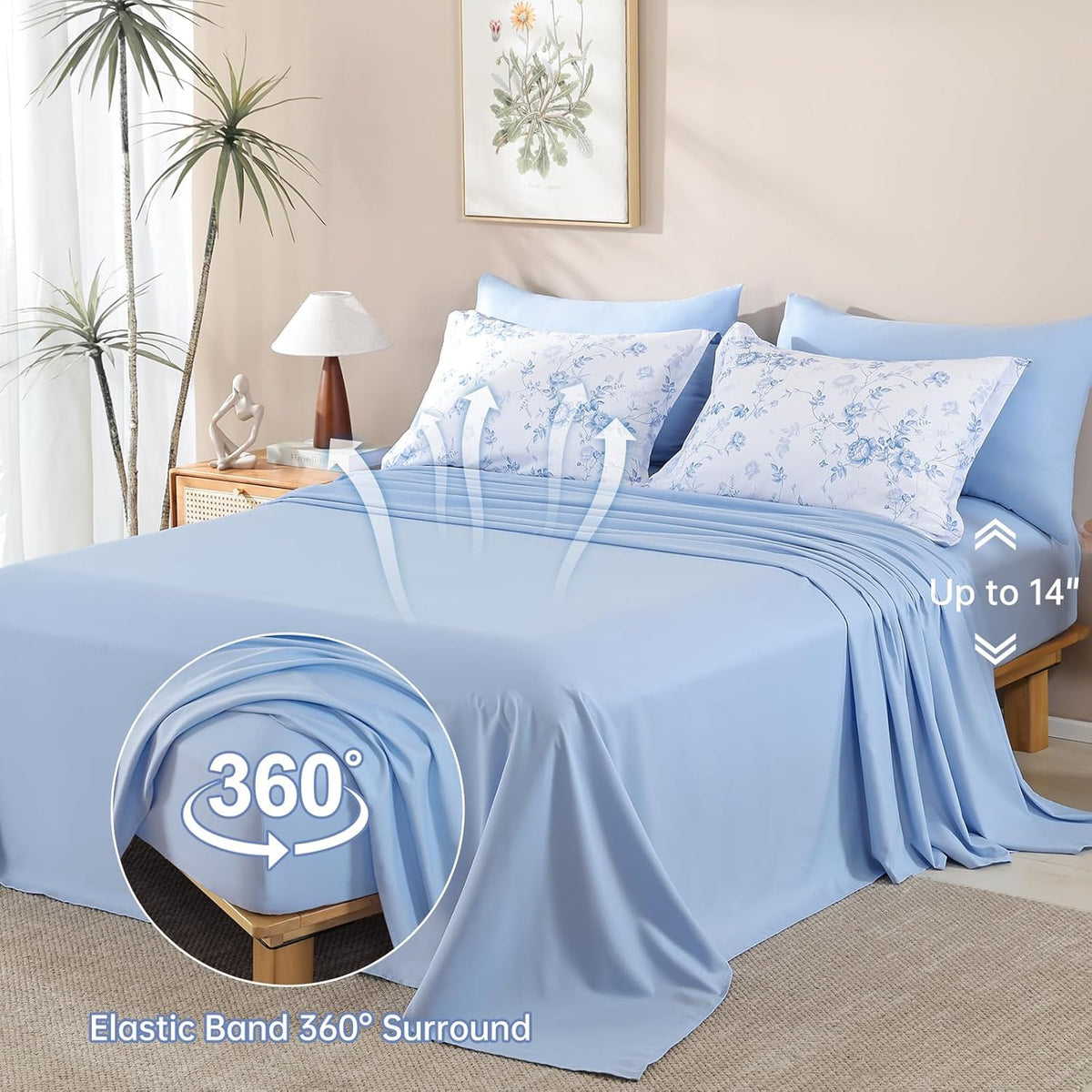 Luxudecor Blue Rose Floral Queen Comforter Set, 7 Pieces Bed in a Bag