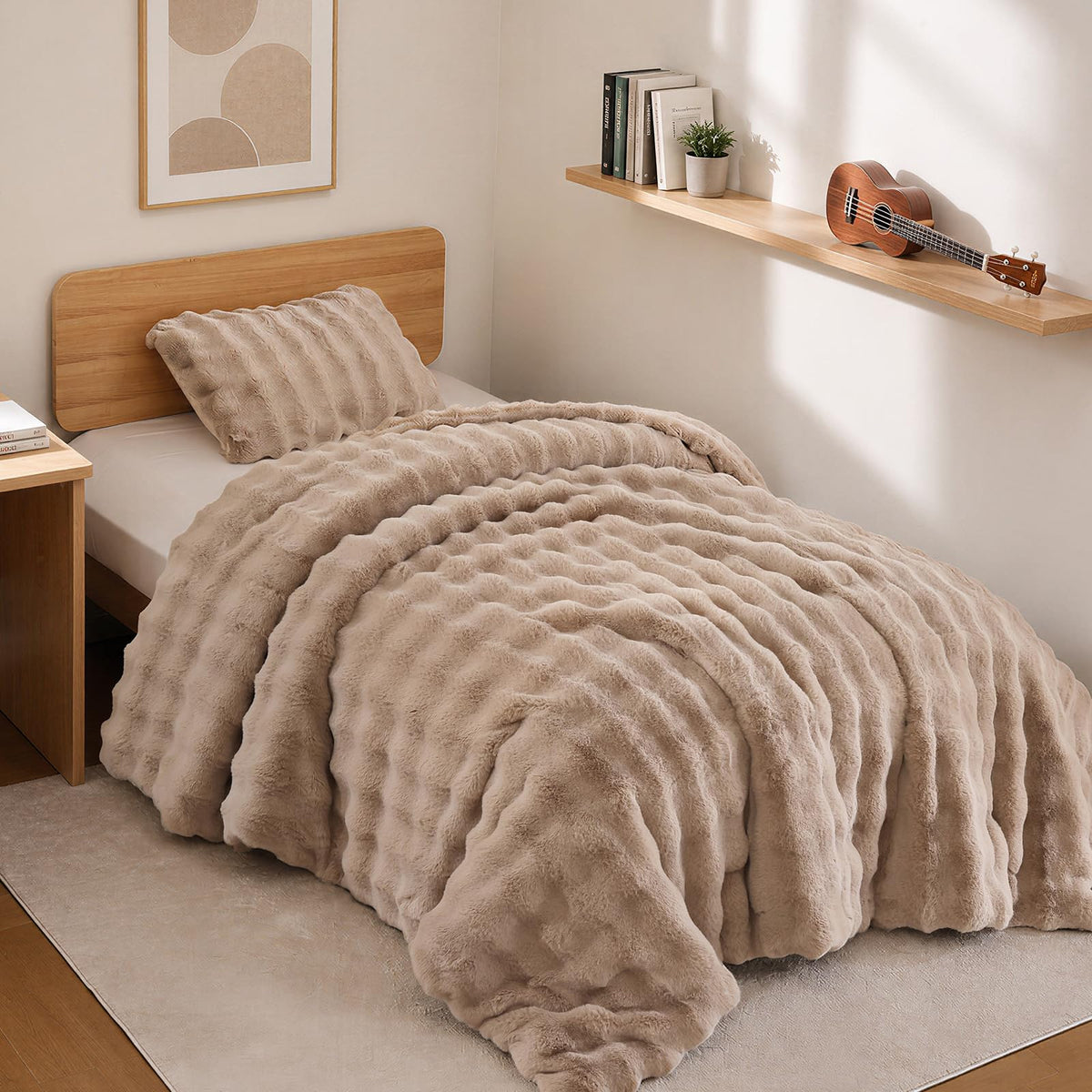 YIKUSH Queen Faux Fur Soft Comforter Set, Fluffy Linen Rabbit Fur Comforter