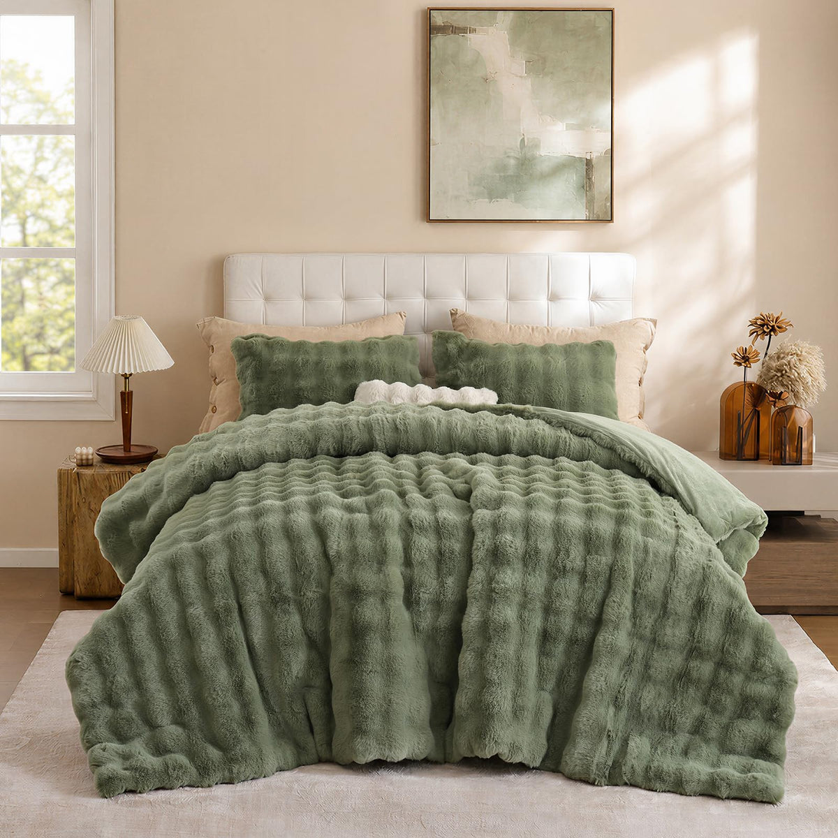 YIKUSH Queen Faux Fur Soft Comforter Set, Fluffy Linen Rabbit Fur Comforter