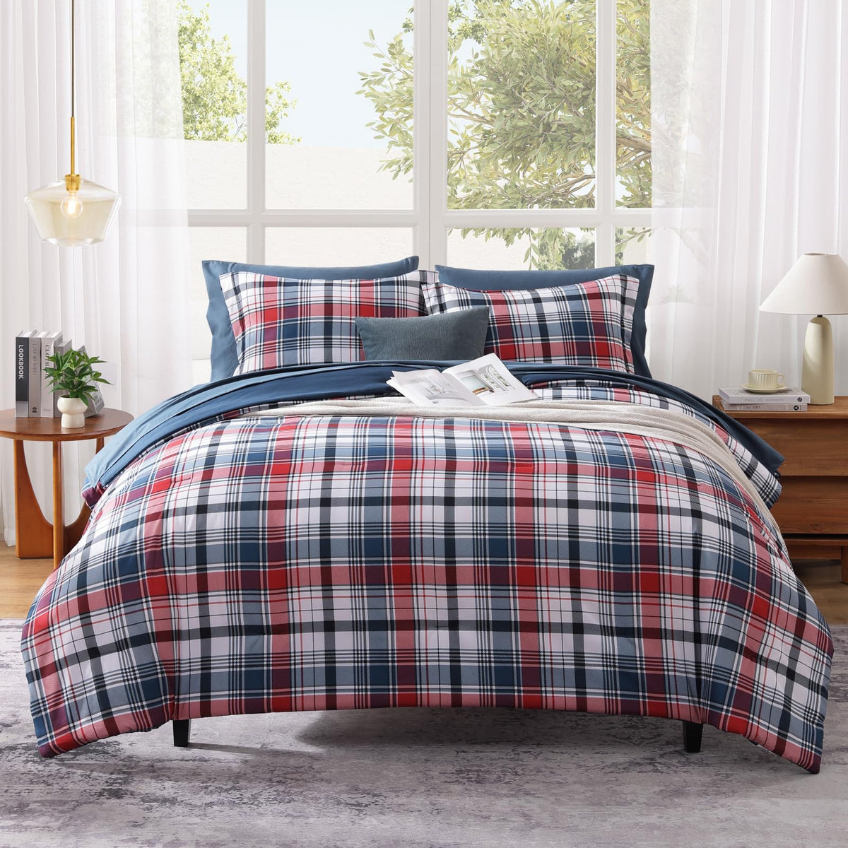 MaiRêve Plaid Queen Comforter Set Navy Blue 7 Pieces Bed in a Bag