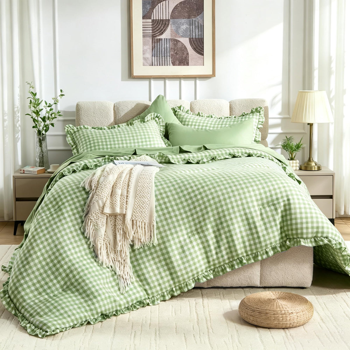 BDEUS 7 Pieces Gingham Ruffle Comforter Set Queen Size, Blue Grid Tartan Bedding Set, Soft Breathable Fabric Comforter with Flat Sheet, Fitted Sheet, 2 Pillowcases & 2 Shams, 88"X88"