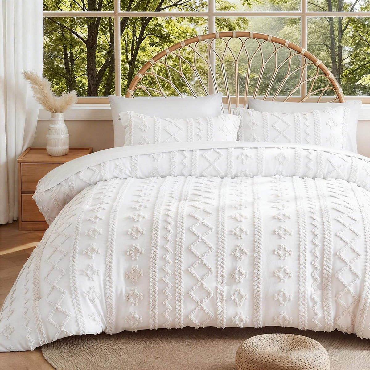 MR&HM Queen Comforter Set 7 Pieces, Fluffy Tufted Boho Beddding Set Beige