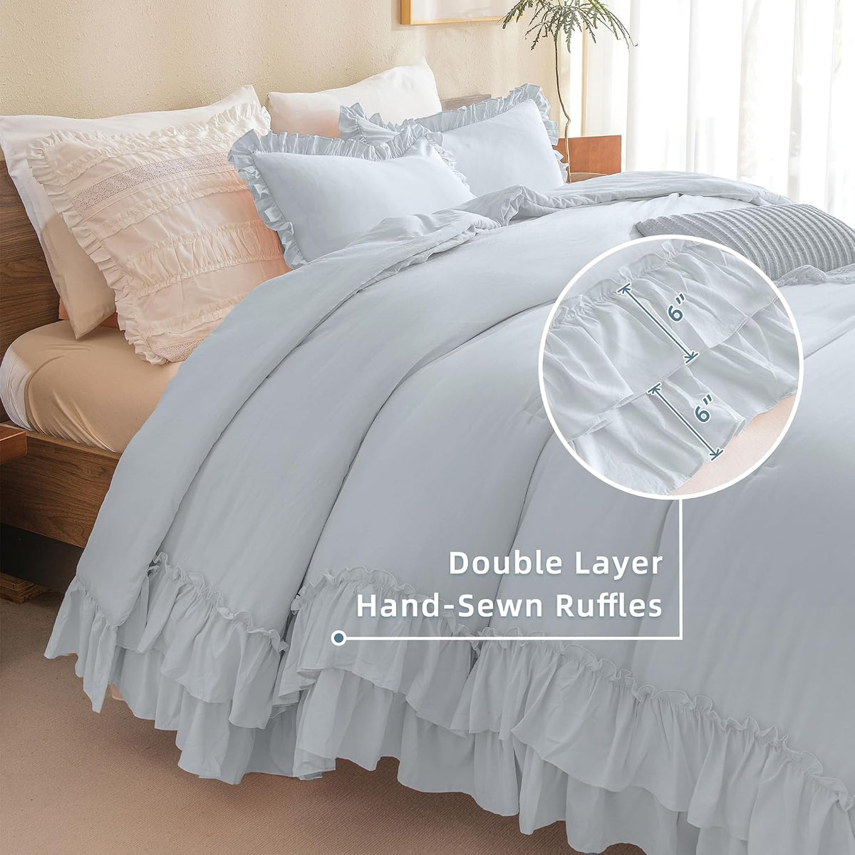 QSH Queen's House Light Blue Farmhouse Ruffled King Size Comforter Set,Lightweight Microfiber Inner Fill Fluffy Boho Chic Bedding Comforter,Ultra Soft Microfiber Inner Fill Bedding