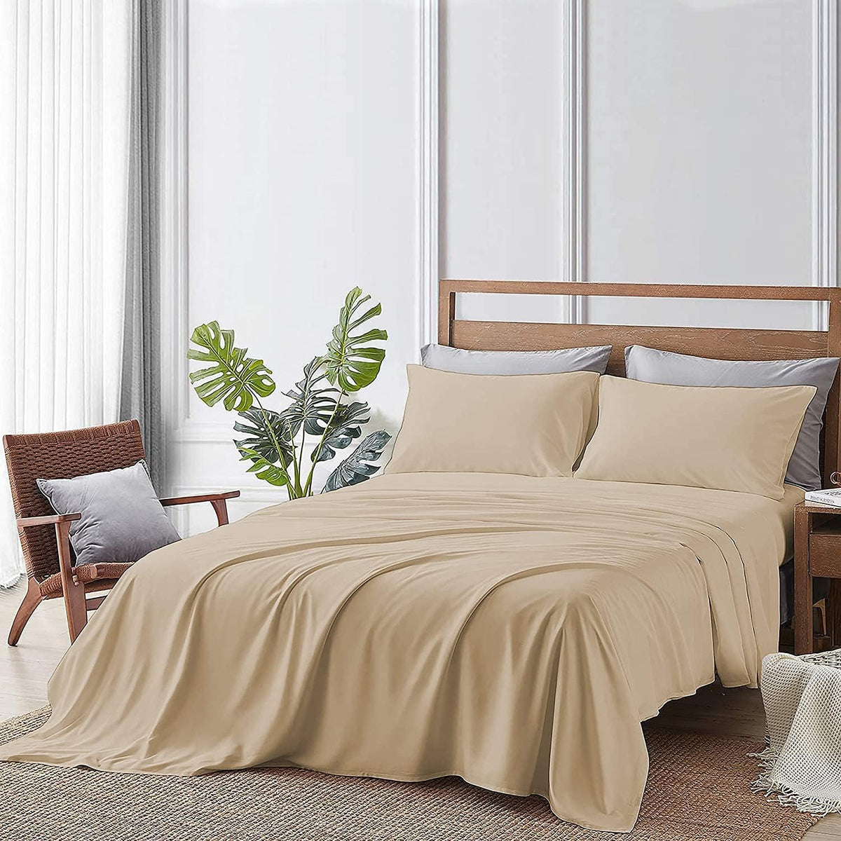 King Size 8 Piece Bed in a Bag - 500GSM Comforter Set with 18 inch Deep Fitted, Flat, Bed Skirt, Pillowcases & Shams, 600 Thread Count, Egyptian Cotton, Beige