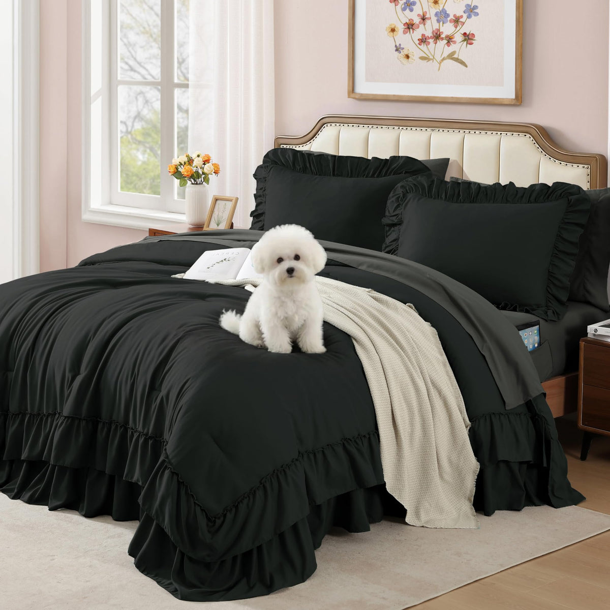 AMBERSPACE Queen Comforter Set White Ruffle 7 Pieces Farmhouse Bed in a Bag