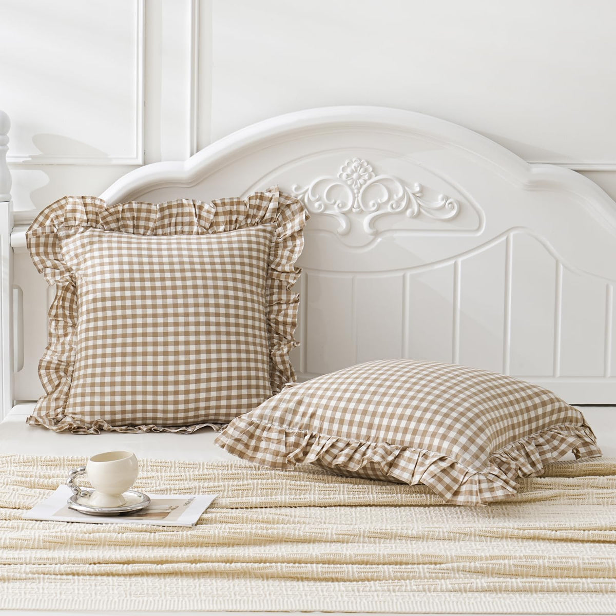 Taupe/White Plaid Ruffled Body Pillow Cover Washed Cotton 20"x54"