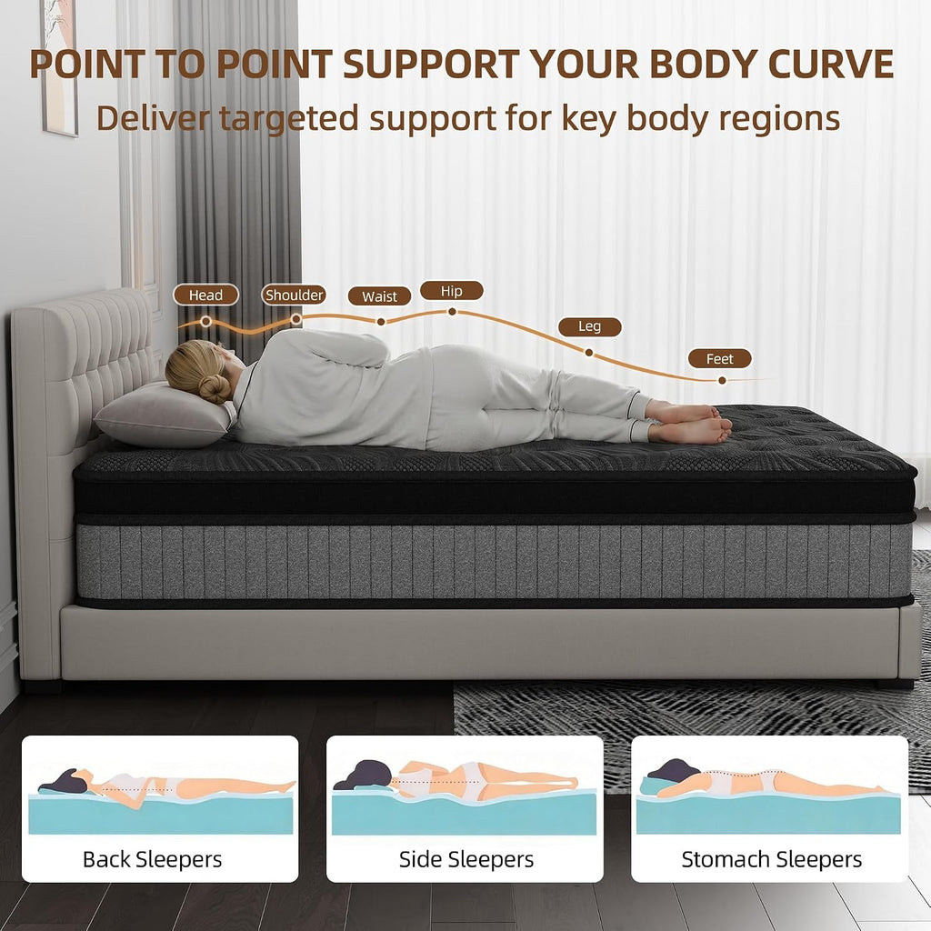 Queen Size 14 Inch Hybrid Mattress in a Box, Medium Firm Black and Gray Fabric Cover with Pocket Spring and Memory Foam - Breathable Supportive Cool Sleep for Back Side Stomach Sleepers