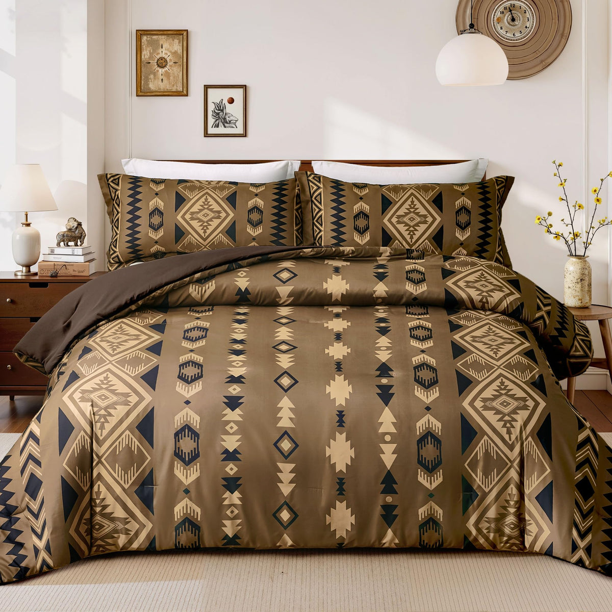 Tyrot Dark Brown King Size Comforter Set – 3 Piece Boho Aztec Western Bedding Sets, Soft Lightweight Comforter for All Seasons, Southwestern Style, 1 Comforter & 2 Pillow Shams