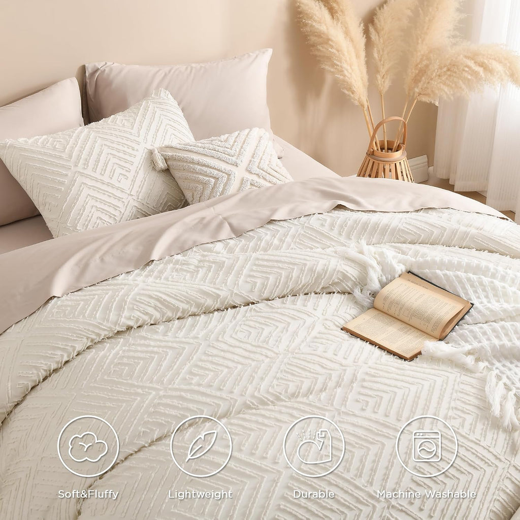 Andency King Size Comforter Set Beige, 3 Pieces Boho Bedding