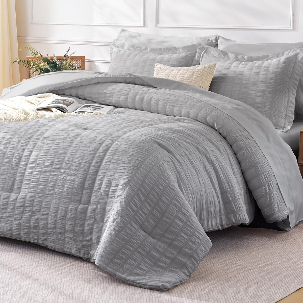 FreshCulture Twin Size Comforter Set Seersucker 5 Pieces, All Season Bedding Set Twin, Soft Bed in a Bag Comforter Set with Comforter, Flat Sheet, Fitted Sheet, Pillowcase and Pillow Sham, Cream