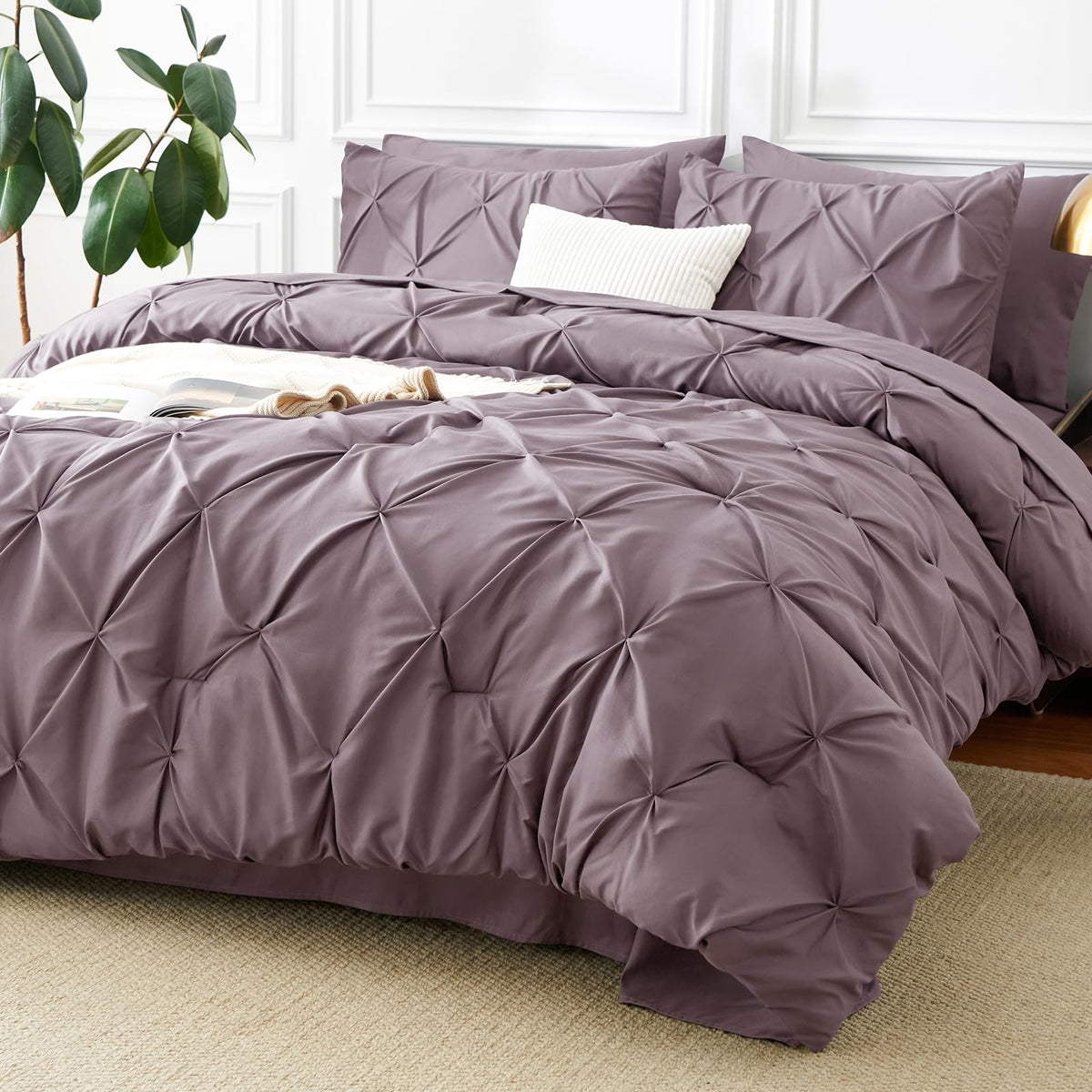 CozyLux Queen Comforter Set Black, 7 Pieces Pintuck Bed in a Bag