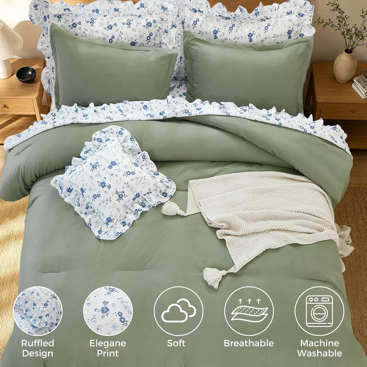 8PC Queen Comforter Set Green, Ruffle Comforter with Floral Sheets