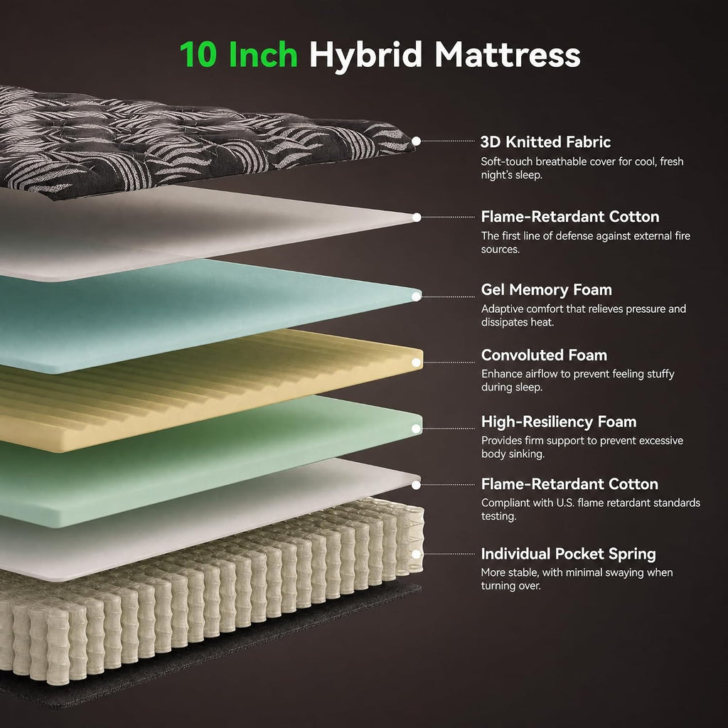 10 Inch Queen Hybrid Mattress with Gel Memory Foam & Pocket Springs