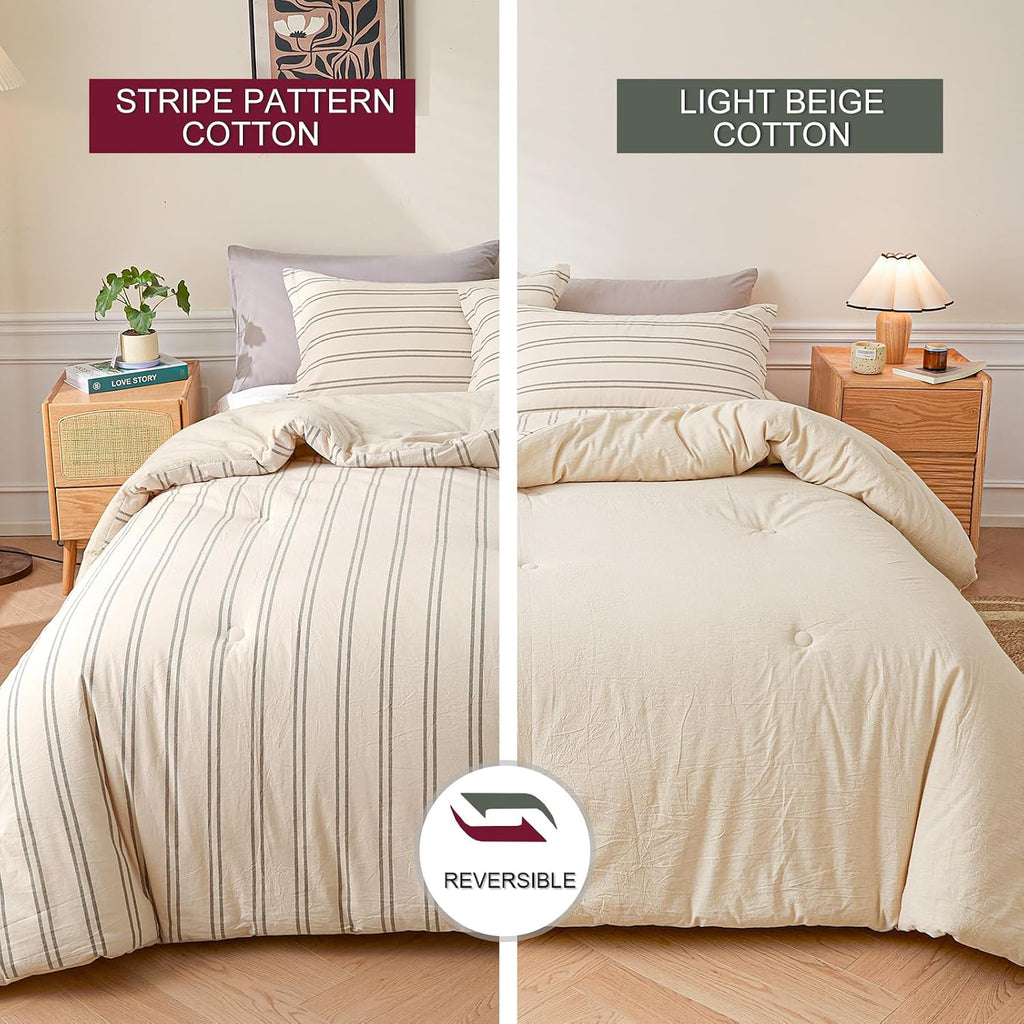 Cyusri Cotton Stripe Full Comforter Set - Soft Lightweight Bedding 3 Pieces Dyed Bed Set with 2 Pillow Shams,Reversible All Season Farmhouse Down Alternative(Full Size 80"x90" Beige)