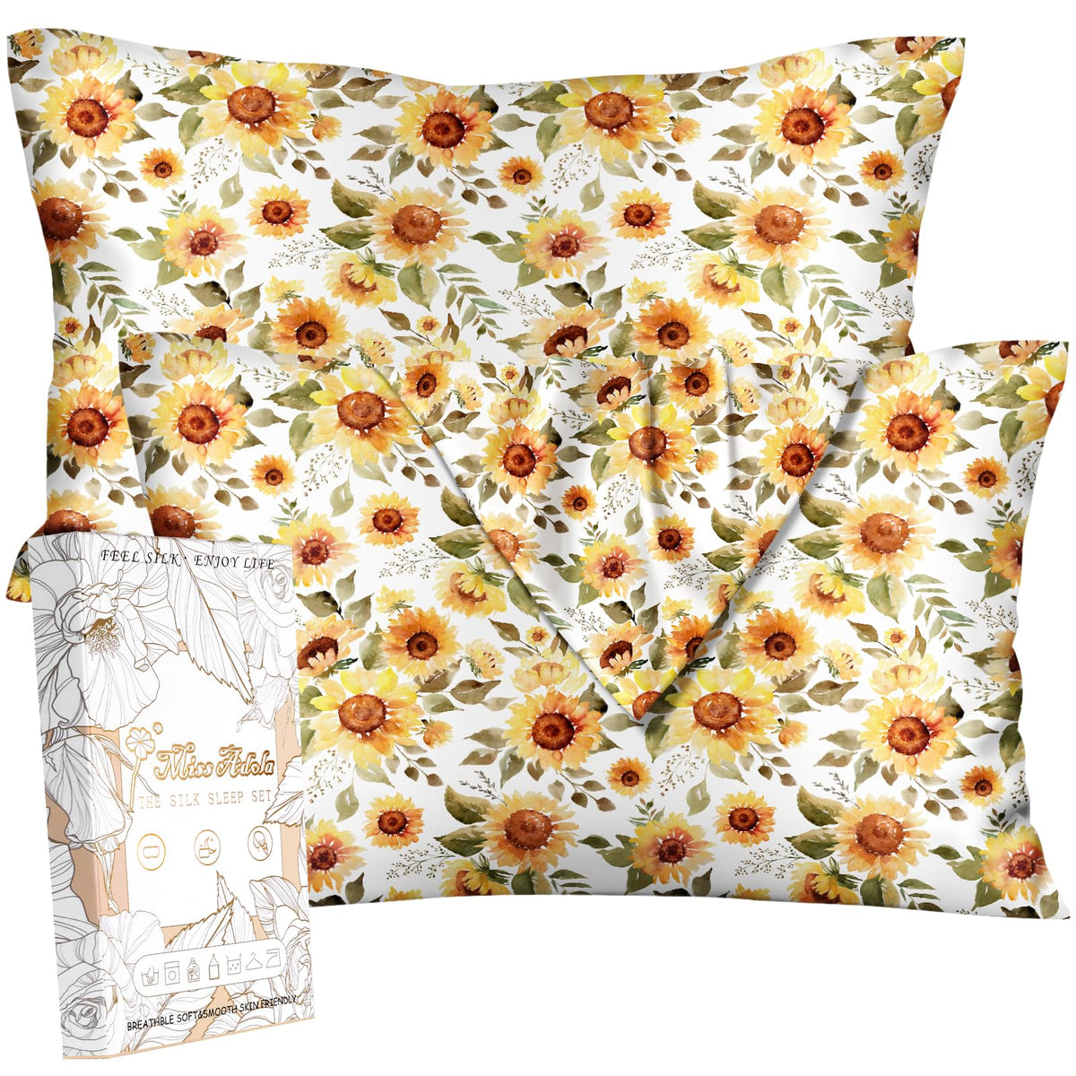 Miss Adola 2pcs Silk Pillowcase with Hidden Zipper, BLK Grow Flower
