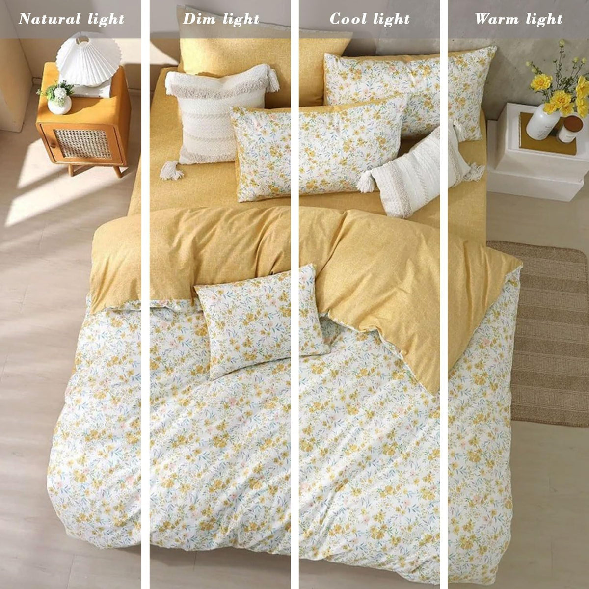 ALEISSEL Natural Cotton 3pcs Floral Comforter Sets King Size-Yellow Comforter with Pink & Yellow Flowers and Blue & Green Leaves on White, Reversible Lightweight Bedding Sets(King 104"×90")