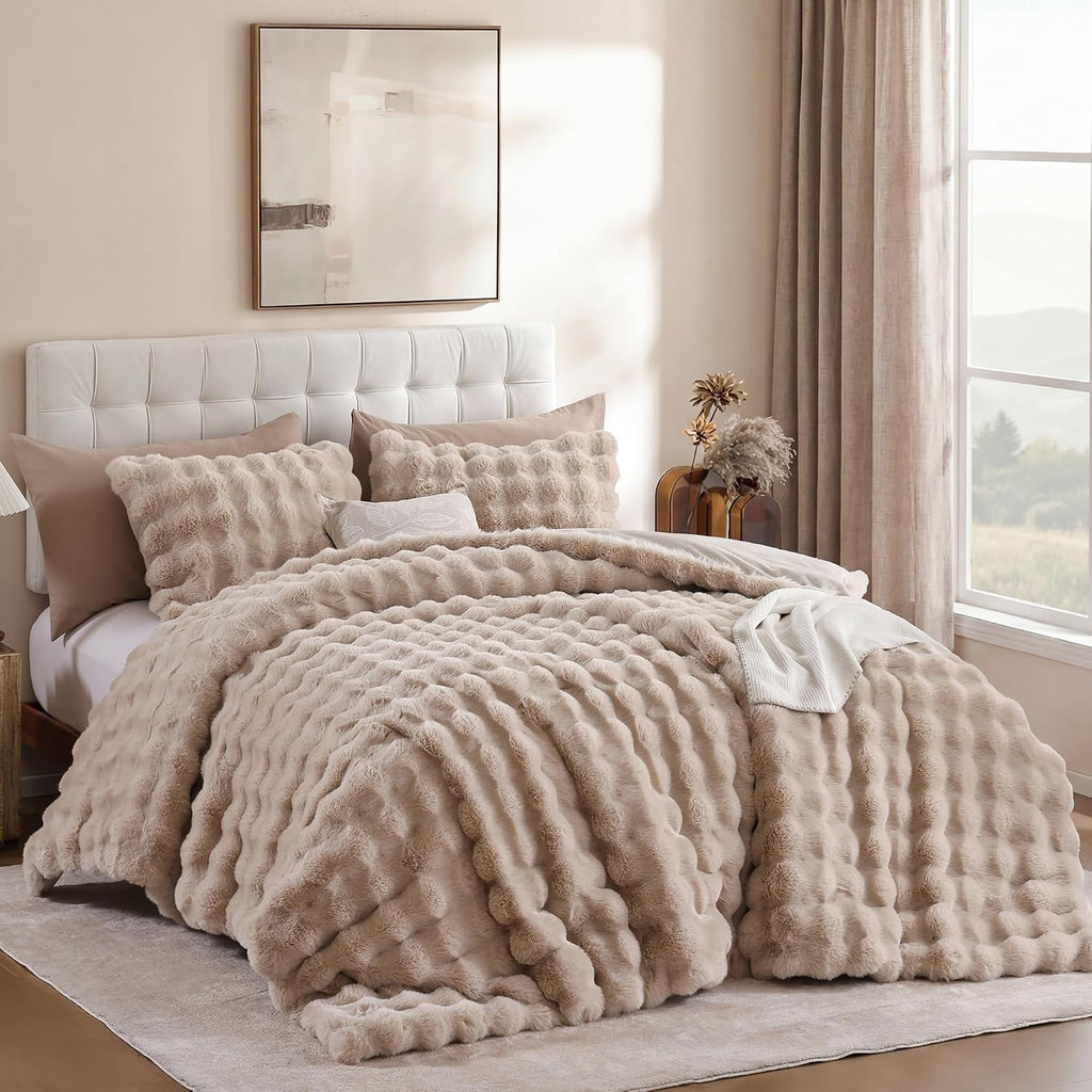 YIKUSH Queen Faux Fur Soft Comforter Set, Fluffy Linen Rabbit Fur Comforter