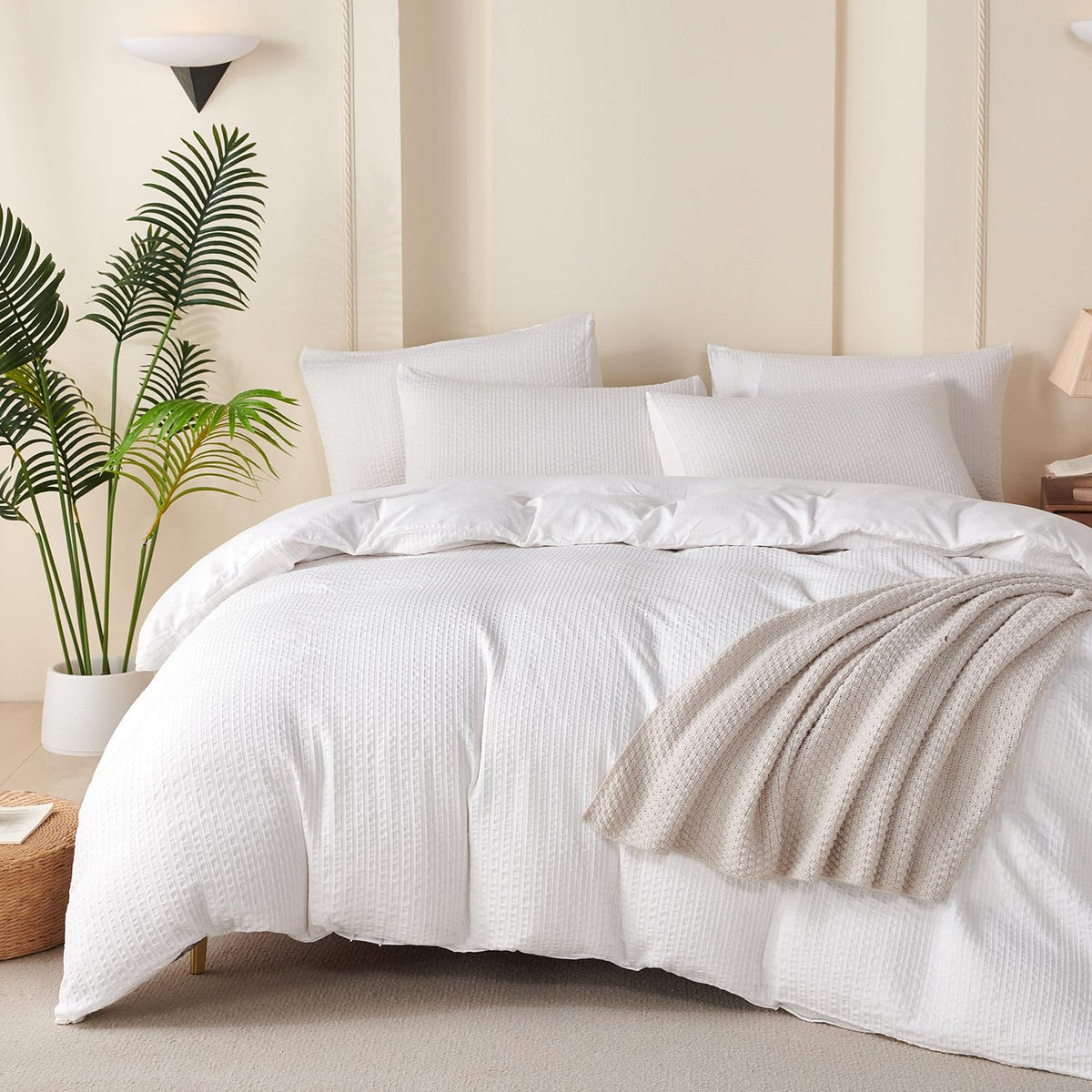 Comforter Set King Size Dusty Pink Soft Luxury Washed Microfiber Jacquard 3 Pieces Bedding Set, White Dusty Pink Vertical Ticking Stripes Comforter with 2 Pillowcases Breathable Durable Comfy