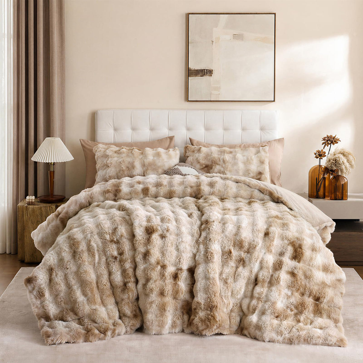 YIKUSH Queen Faux Fur Soft Comforter Set, Fluffy Linen Rabbit Fur Comforter